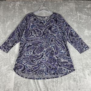 Size XXL Purple Gray Floral Paisley Shirt Blouse Top Light Sweater Stretchy Boho
